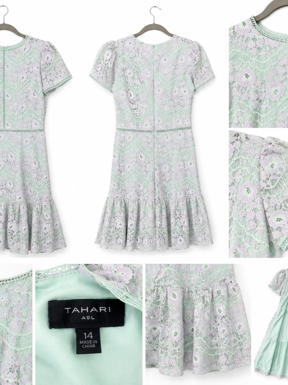 Tahari ASL Mint & Lilac Floral Lace Fit-and-Flare Dress